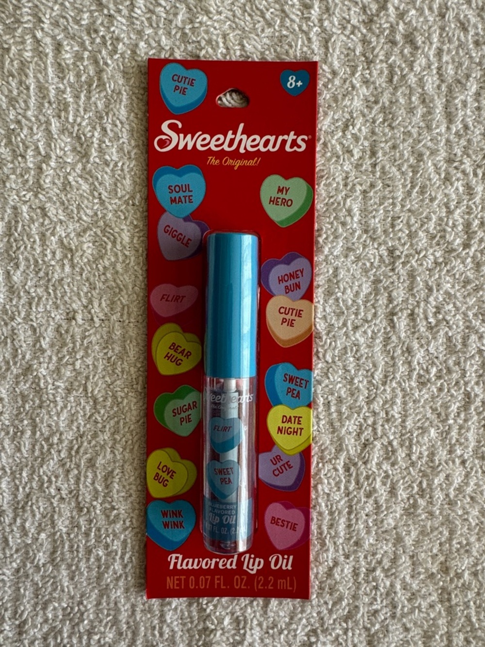 Sweethearts Flavored Lip Oil in Bright Blue Cap